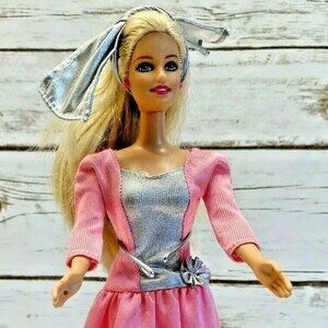 MATTEL BARBIE Blonde Hair Blue Eyes Pink Gray Long Dress 12" Tall
